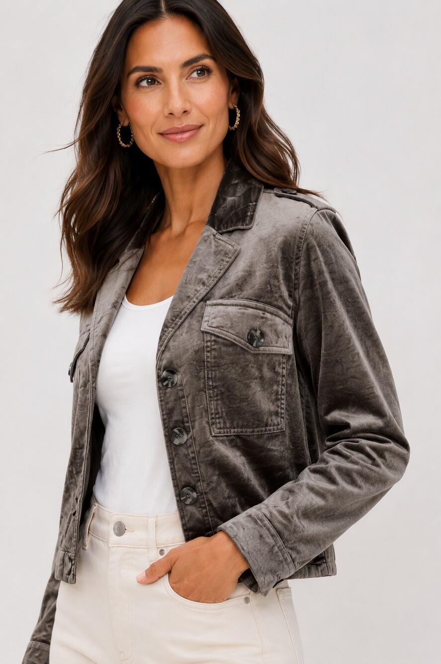 Cabi Sunday Topper Velvet Cropped Jacket Military Button Front Womens Size Small